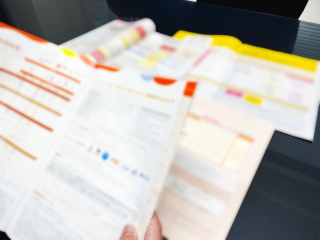 カタログを見比べて比較しています