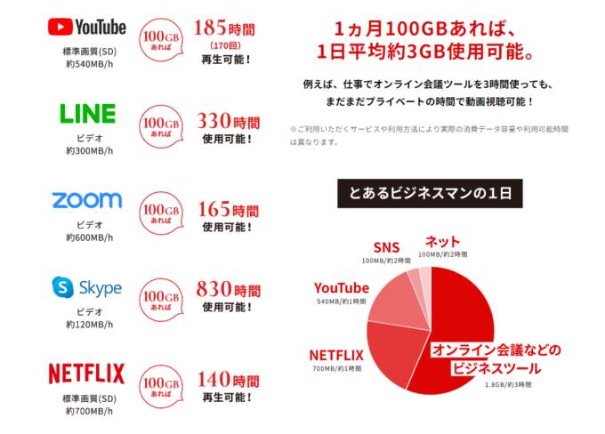 THE WiFiの100GBでどれだけ使えるか表した図