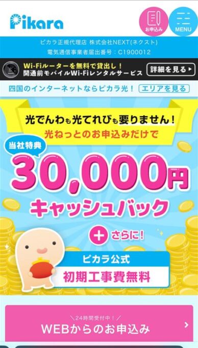 代理店NEXTピカラ光申し込み画面