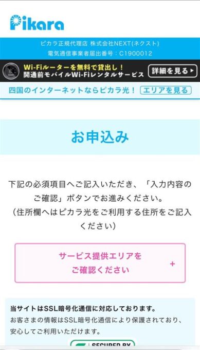 NEXTピカラ光のスマホ申し込み画面