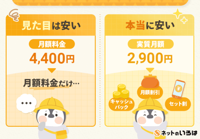 見た目は安い月額料金
本当に安い：実質料金