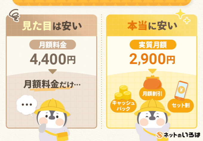 見た目は安い月額料金
本当に安い実質料金