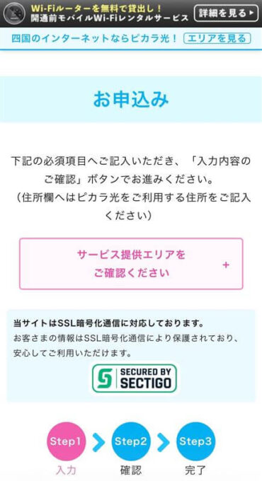 ピカラ光代理店NEXT申し込み画面